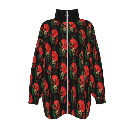 All-Over Print Unisex Borg Fleece Stand-up Collar Coat With Zipper Closure(Plus Size)