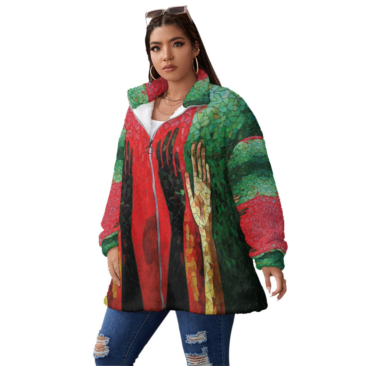 All-Over Print Unisex Borg Fleece Stand-up Collar Coat With Zipper Closure(Plus Size)