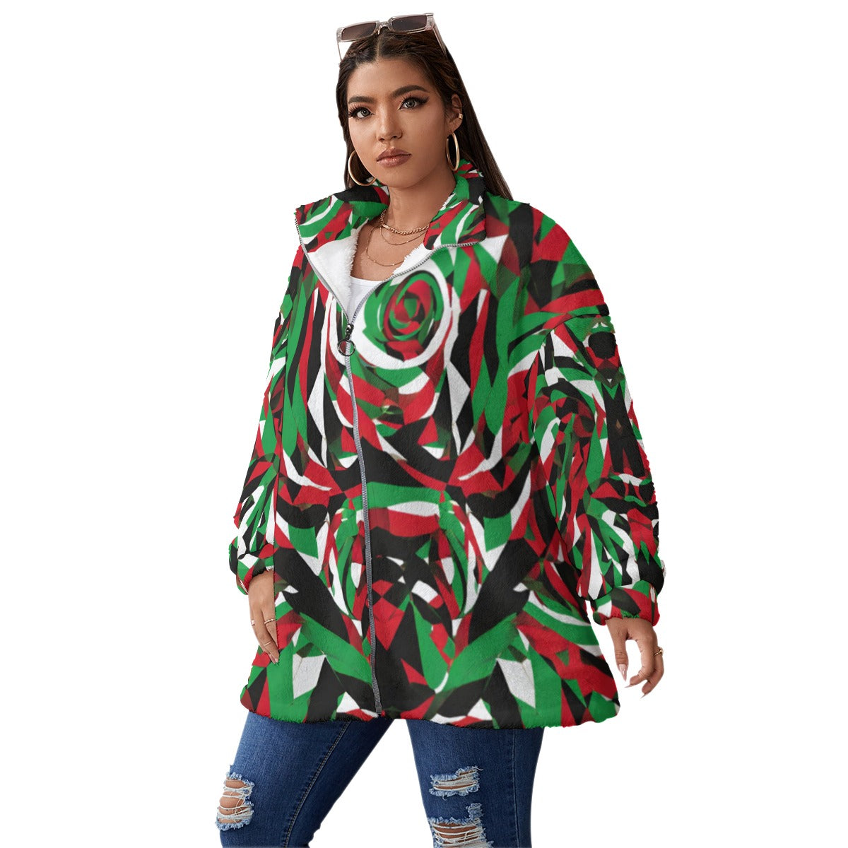 All-Over Print Unisex Borg Fleece Stand-up Collar Coat With Zipper Closure(Plus Size)