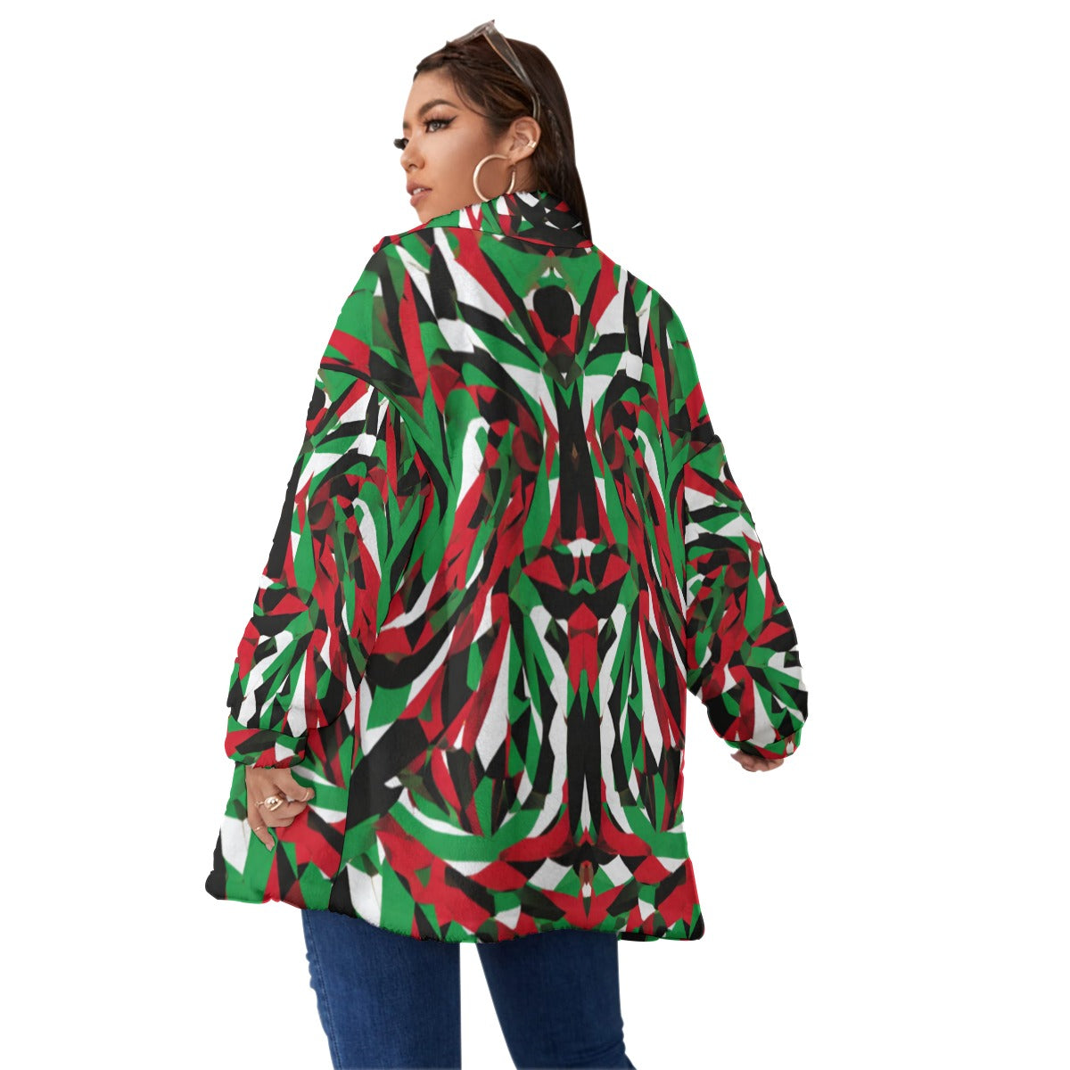 All-Over Print Unisex Borg Fleece Stand-up Collar Coat With Zipper Closure(Plus Size)