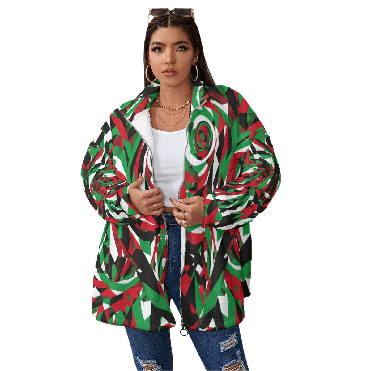 All-Over Print Unisex Borg Fleece Stand-up Collar Coat With Zipper Closure(Plus Size)