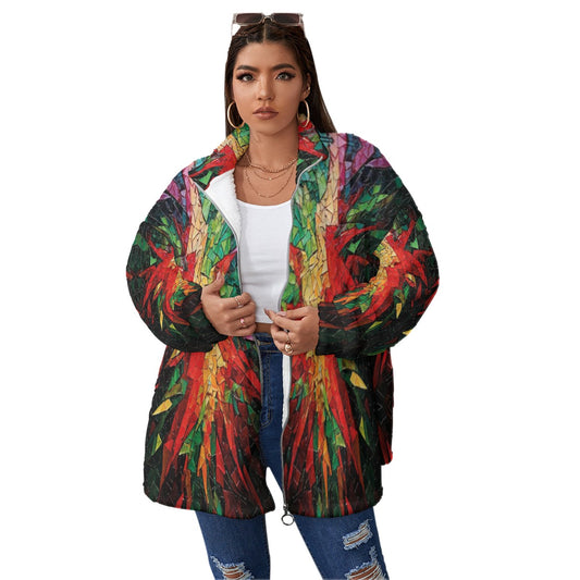 All-Over Print Unisex Borg Fleece Stand-up Collar Coat With Zipper Closure(Plus Size)